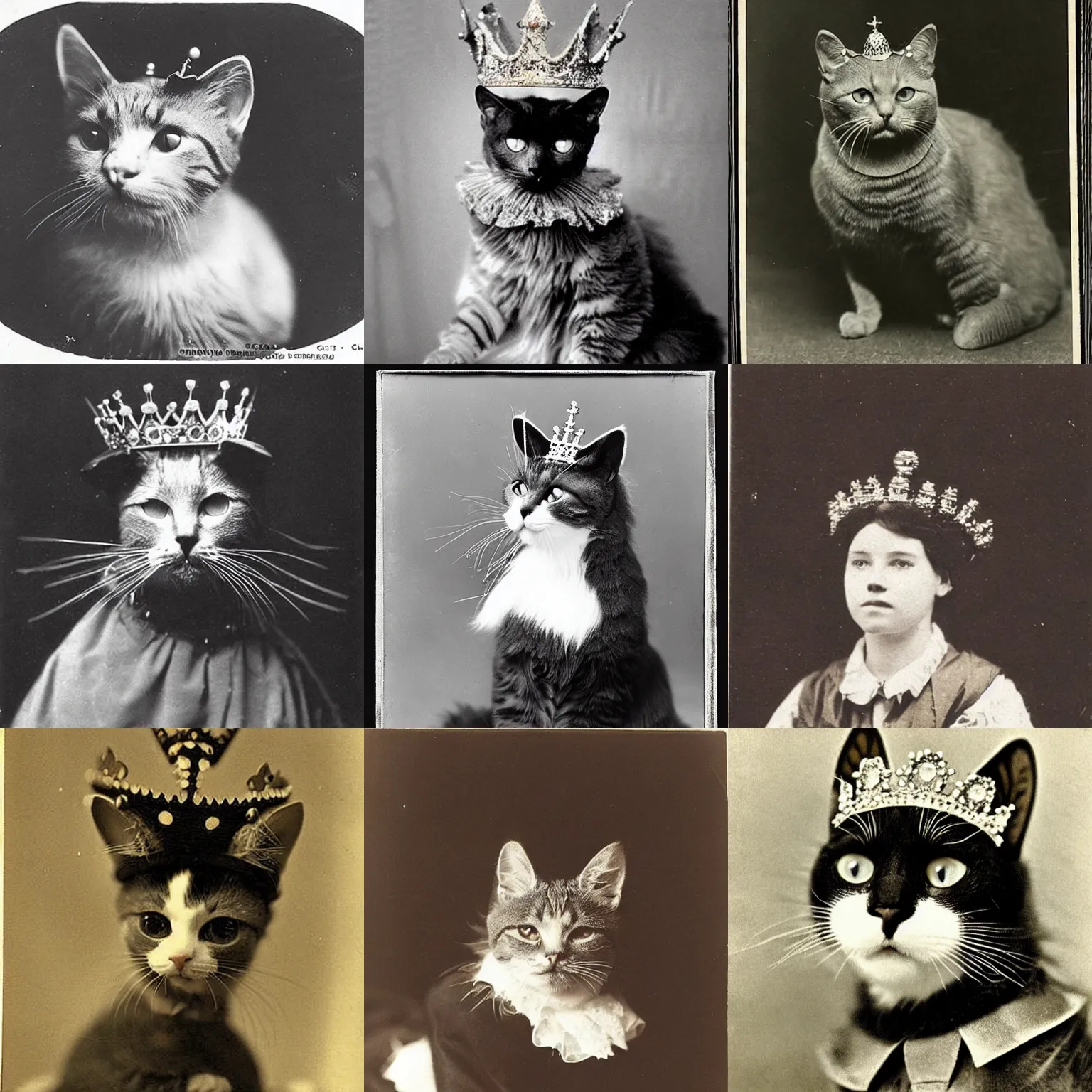 Prompt: “ cat wearing crown, 1 9 0 0 ’ s photo ”