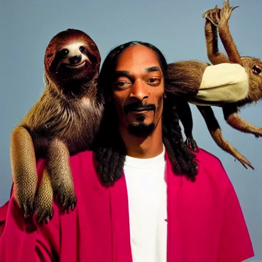 Image similar to Snoop Dogg holding a Sloth for a 1990s sitcom tv show, Studio Photograph, portrait, C 12.0