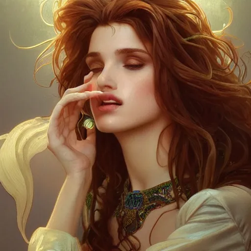 Image similar to ultra realistic illustration, bella thorne blowing a kiss, intricate, elegant, highly detailed, digital painting, artstation, concept art, smooth, sharp focus, illustration, art by artgerm and greg rutkowski and alphonse mucha