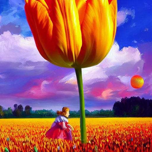 Image similar to dutch girl with singular giant tulip as a head, surreal photography, flower field, sunset dramatic light, impressionist painting, colorful clouds, blue sky, digital painting, artstation, simon stalenhag