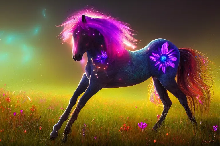 Prompt: a stunning digital painting of a flowerpunk horse with a mane of bioluminescent flowers running through a meadow by eddie mendoza, volumetric light, digital art, fine detail, photorealistic