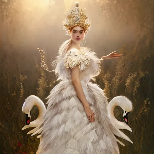 Prompt: a queen with a decorated dress made of white pearls and white plumes of swan, highly detailed, digital painting, Trending on artstation , HD quality, by artgerm and greg rutkowski and alphonse mucha, dramatic light, octane