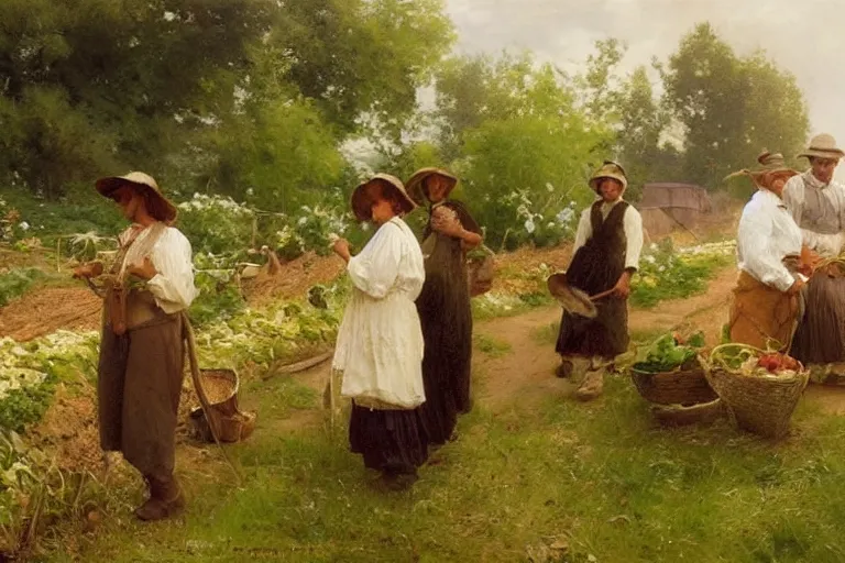 Image similar to simple amish farmers tending to their cottage vegetable gardens, art by anders zorn, wonderful masterpiece by greg rutkowski, beautiful cinematic light, american romanticism thomas lawrence, greg rutkowski