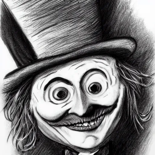 Image similar to horrifying charcoal drawing of the mad-hatter-willie-wonka-babadook