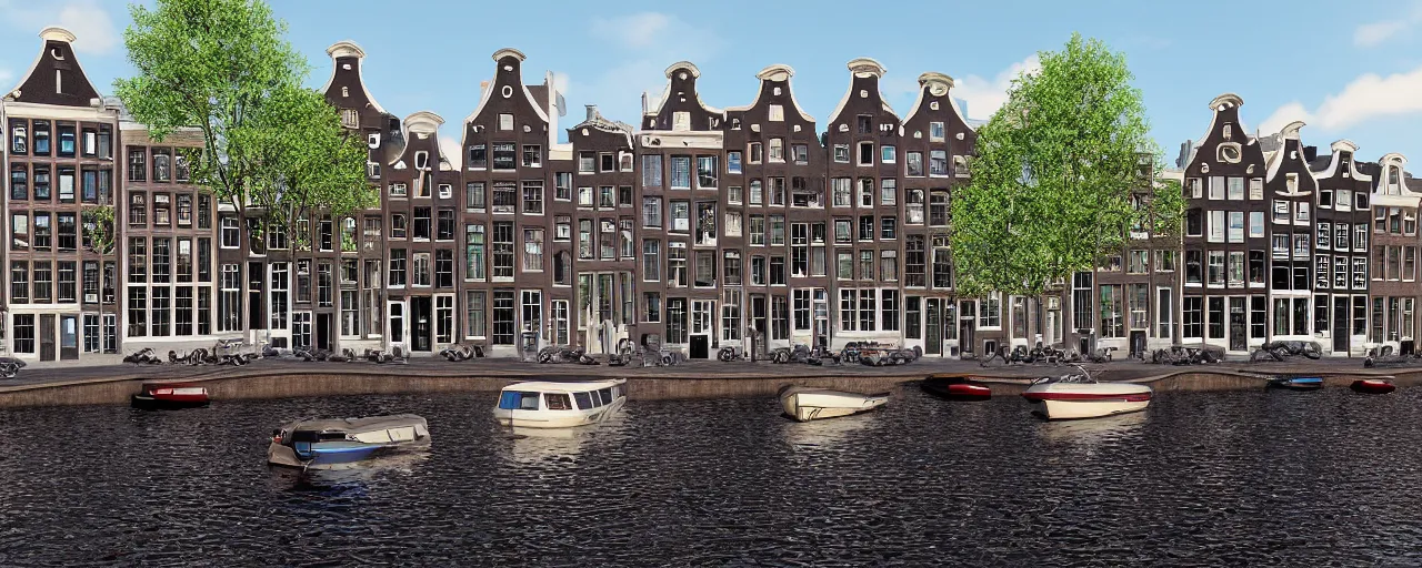 Image similar to view of houses in amsterdam, with water and boats, photography, 3 5 mm, hyper realistic, 8 k, unreal engine, illustration, happy lighting