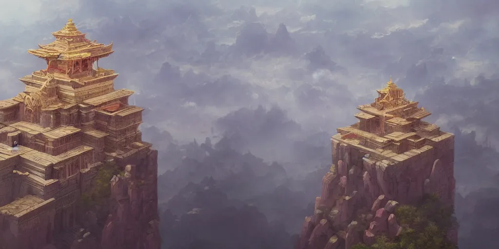 Image similar to temple in the clouds, tile - based, top - down oblique, by greg rutkowski and james gurney, trending on artstation