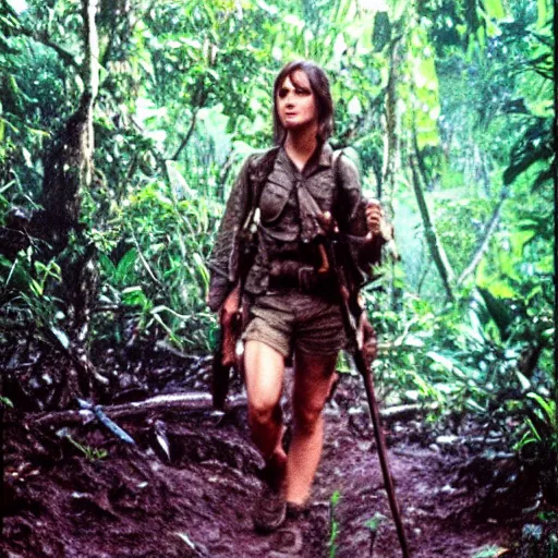 Image similar to film still, portrait, emma watson soldier hiking through dense vietnam jungle, award winning, award winning, award winning, film still from apocalypse now ( 1 9 7 9 ), 2 6 mm, kodak ektachrome, blue tint ektachrome film,