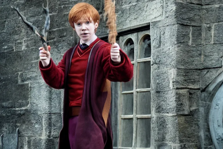 Image similar to film still Freddy Highmore as Ron Weasley wearing hogwarts uniform in Harry Potter movie