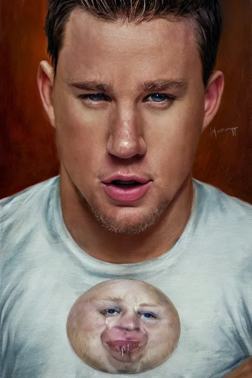 Image similar to channing tatum in a tater tot costume, oil on canvas, intricate, portrait, 8 k highly professionally detailed, hdr, cgsociety