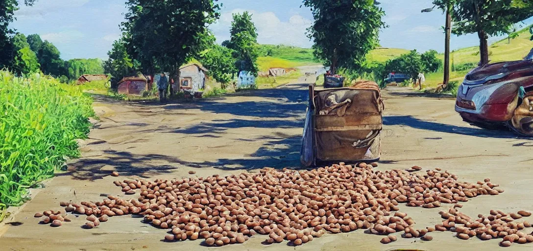 Prompt: different kinds of spilled beans on the street on a sunny day in the countryside, a beautiful painting