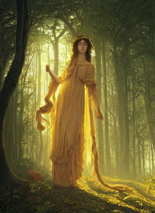 Image similar to intricate oil painting portrait by John William Godward and Anna Dittman and Laurie Greasley and Victo Ngai and Taro Okamoto and Caspar David Friedrich depicting a female fantasy priestess in a bright temple surrounded by yellow spring forest and dead trees, evening, atmospheric lighting, intricate detail, cgsociety, hyperrealistic, octane render, RPG portrait, ambient light, dynamic lighting