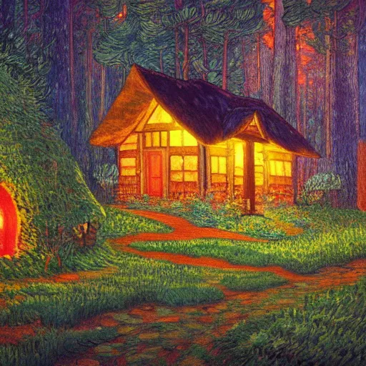 Image similar to mysterious detailed painting of a cozy woodland cottage in the woods at night, surrounded by giant glowing mushrooms, in the style of studio ghibli and moebius and claude monet and edward hopper and vincent van gogh