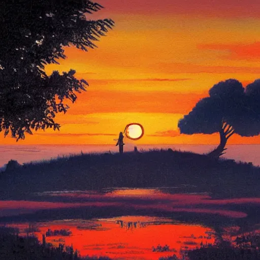 Prompt: sunset by hayao miyazaki