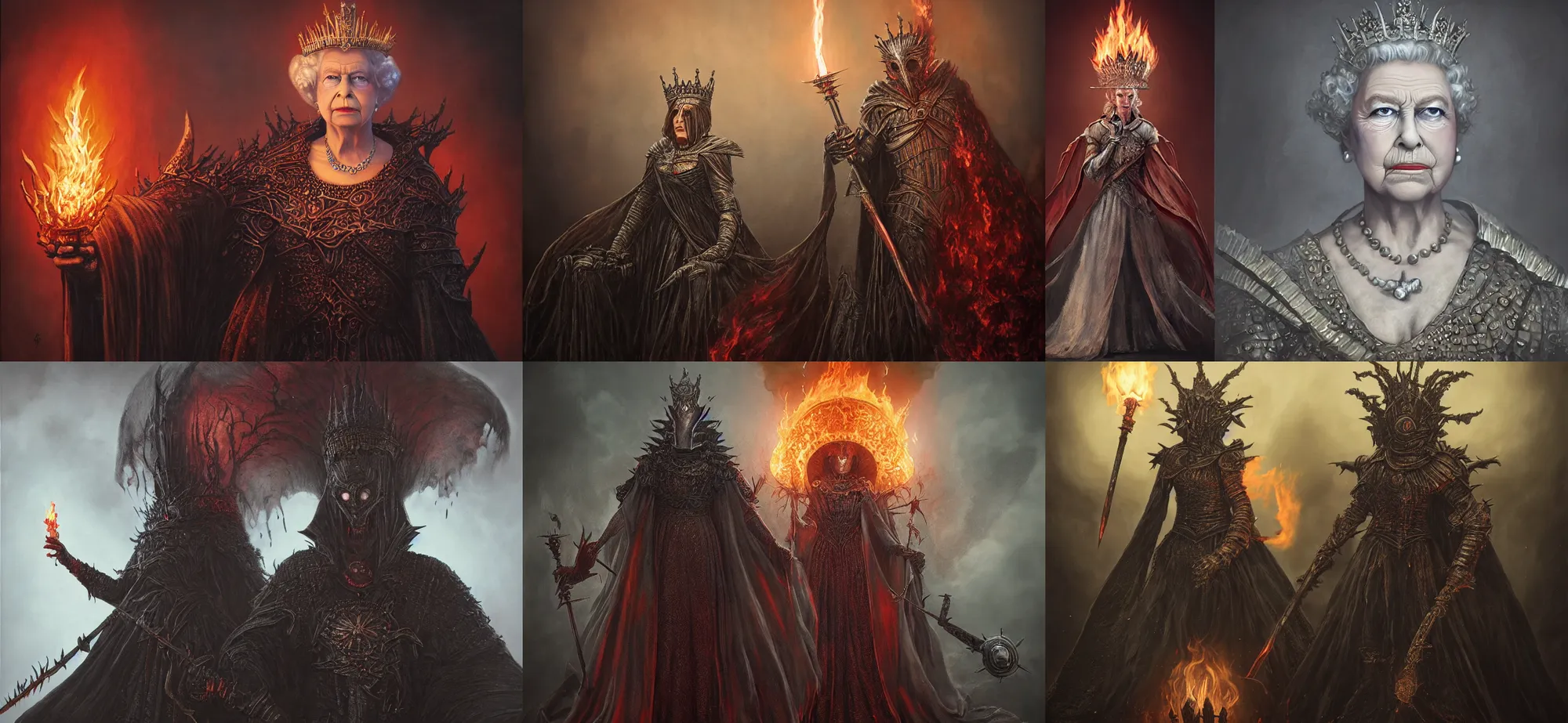 Prompt: Queen Elizabeth as a dark souls boss named \'Lizzie the Eternal Keeper of the Flame\'. Dangerous boss, bloodborne, famous boss battle, notoriously difficult, magic attacks. Art by Tom Bagshaw, rendered in octane.