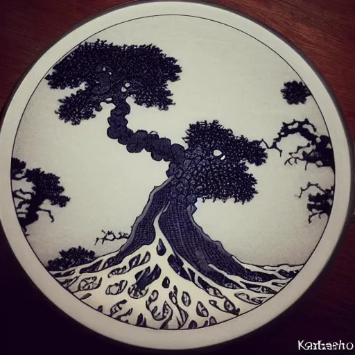 Image similar to tree of life, yggdrasil, latte art, moody lighting, by katsushika hokusai, by laurie lipton