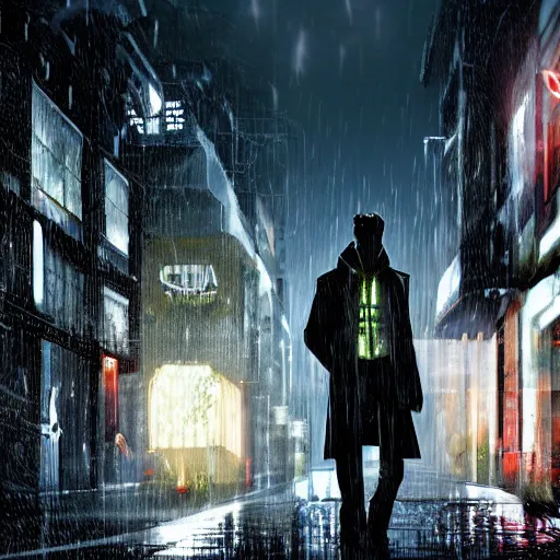 Prompt: frankenstein's monster wearing a trench coat on a wet nighttime street, cyberpunk style, trending on art station, trending on deviantart, 8 k resolution, epic digital art