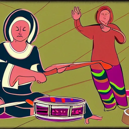 Image similar to a babushka playing drums, some people in the background are doing yoga to the beats, digital art