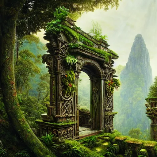 Prompt: a beautiful and highly detailed matte painting of an epic palace in a lush garden in a beautiful forest, carved celtic stone runes, psychedelic colors, intricate details, epic scale, insanely complex, hyperdetailed, artstation, cgsociety, 8 k, sharp focus, hyperrealism, by caspar friedrich, albert bierstadt, james gurney, brian froud,