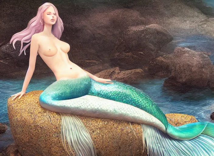 Image similar to A beautiful mermaid lying on a rock by the sea, beautiful face, highly detailed, full body shot, digital art, award winning