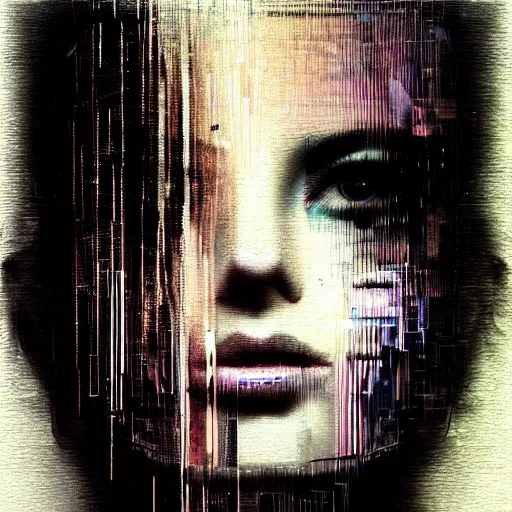 Prompt: Hyperrealistic portrait of a youthful beautiful women, mysterious, glitch effects, fading, sorrow, by Guy Denning, by Johannes Itten, by Russ Mills, centered, glitch art, polished, digital tech effects, clear skin, hacking effects, detailed lines, chromatic, cyberpunk, color blocking, digital art, octane, concept art, abstract