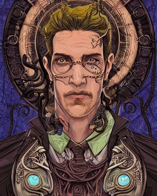 Image similar to a detailed portrait illustration of a steampunk wizard. art nouveau, pop art, comic book style. influenced by neil gaiman, h. p. lovecraft, ross tran, osborne macharia, killian eng.