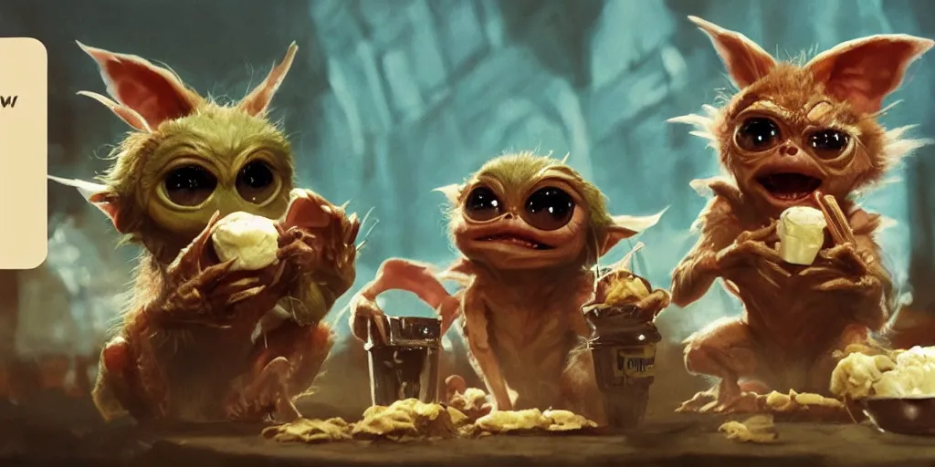 Prompt: Gremlins movie, gremlins are high and eating ice cream, Greg Rutkowski, Darek Zabrocki, Karlkka, Jayison Devadas, Phuoc Quan, trending on Artstation, 8K, ultra wide angle, pincushion lens effect.