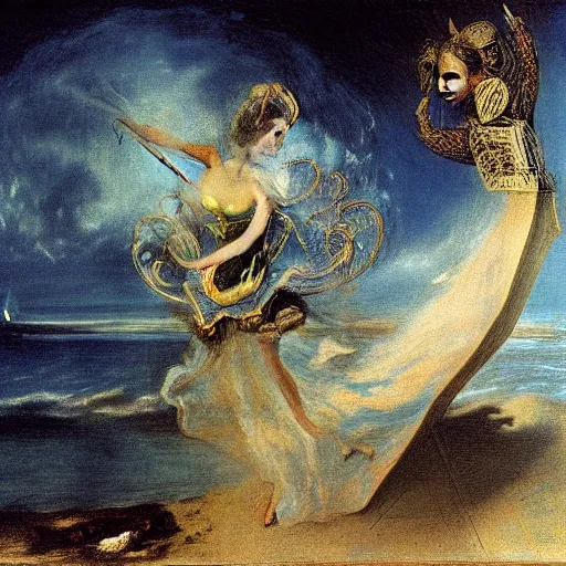 Image similar to Marie Antoinette levitating over the sea. El Greco, Remedios Varo, Salvador Dali, Carl Gustav Carus, John Atkinson Grimshaw. Blue tint. Symetrical, logo, geometric shapes.