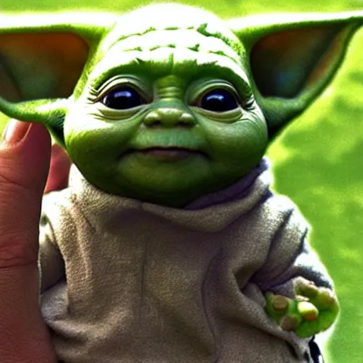 Image similar to a tiny pigmy baby yoda-Shrek Shrek Shrek hybrid in the palm of a person's hand, super cute