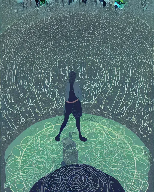 Prompt: a druid standing in a circle at the beginning of the world by Victo Ngai