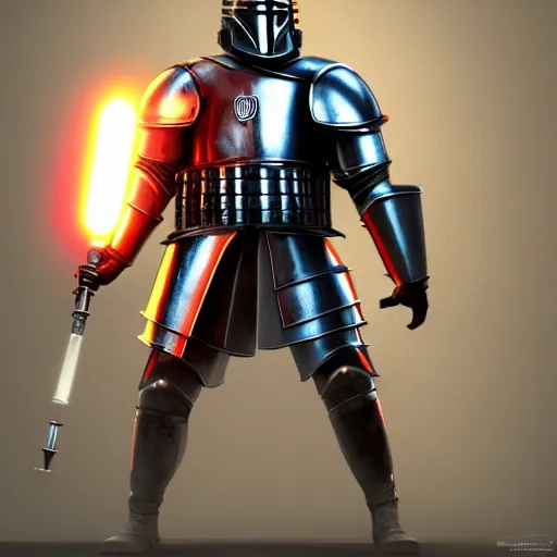 Image similar to medieval armored knight holding a lightsaber, unreal engine render, rendered in octane, symmetric character concept art, cinematic lighting, 4k render, trending on art station