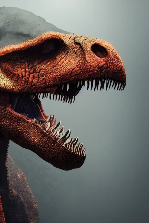 Prompt: a portrait of tyrannosaurus rex, dynamic pose, close - up, intricate details, intricate textures, warm lighting, vivid colors, smoke and mist, realistic octane render, hyper realistic render, volumetric shading, depth of field, raytracing, 8 k,