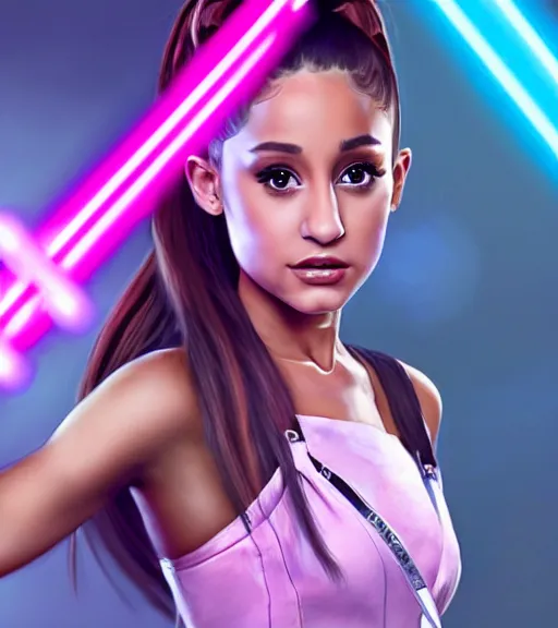 Image similar to A hyper realistic photo of Ariana Grande in the Star Wars universe with two pink lightsabers held in each hand. Maximum detail on artstation, photo realism, vivd details, vivd colour