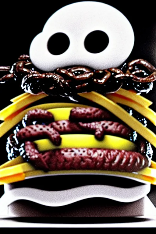 Image similar to mcdonald's horror retro tv advertisement, nightmare!, burger surrounded by worms!!!, black and white, ultra realistic, 4 k, digital art, cinematic style of david kronenberg