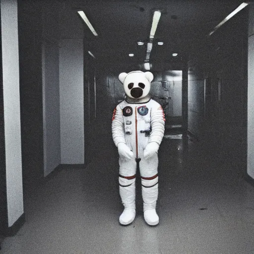 Prompt: lomo photo of teddy bear in spacesuit staying in front of abandoned hospital, dark, moody, foggy, gloomy.