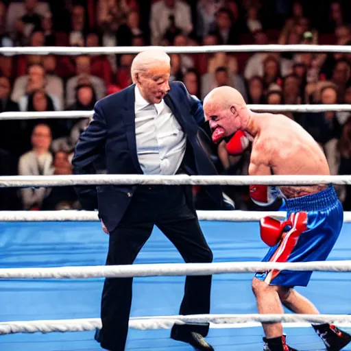 Prompt: Biden and Putin in a boxing match, sports photography, natural lighting, telephoto lens, motion blur