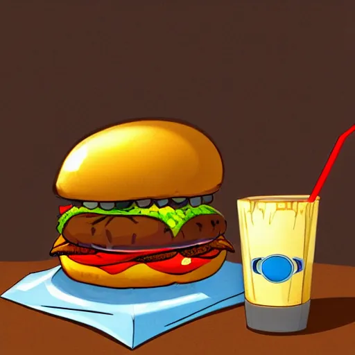 Image similar to a cartoon picture of a burger and a drink, concept art by derf, featured on deviantart, sots art, sketchfab, behance hd, concept art