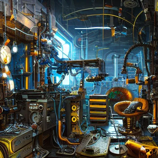 Image similar to fusion reactor in a cyberpunk tinkerer's workshop cryengine render by android jones, james christensen, rob gonsalves, and tim white