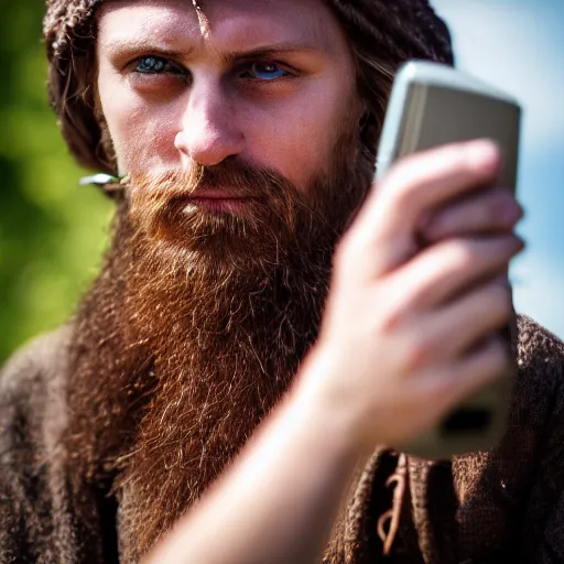 Prompt: photography portrait of a germanic pagan man holding a cell phone, early middle ages, leica 1 0 0 mm f 0. 8