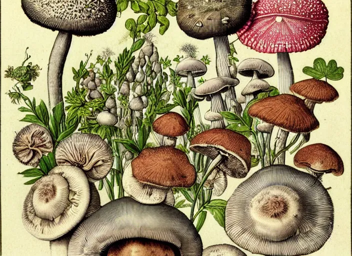 Image similar to mushrooms very rich life textbook scientific botanical mycological illustration, made by Wenceslas Hollar and Ernst Haeckel in vintage Victorian England colourised print style with saturated colours