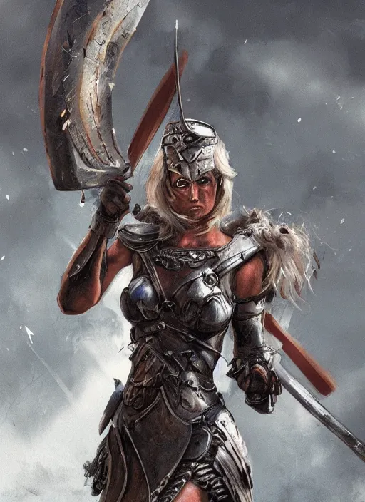 Image similar to angry valkyrie woman warrior in the aftermath battlefield, trending on artstation