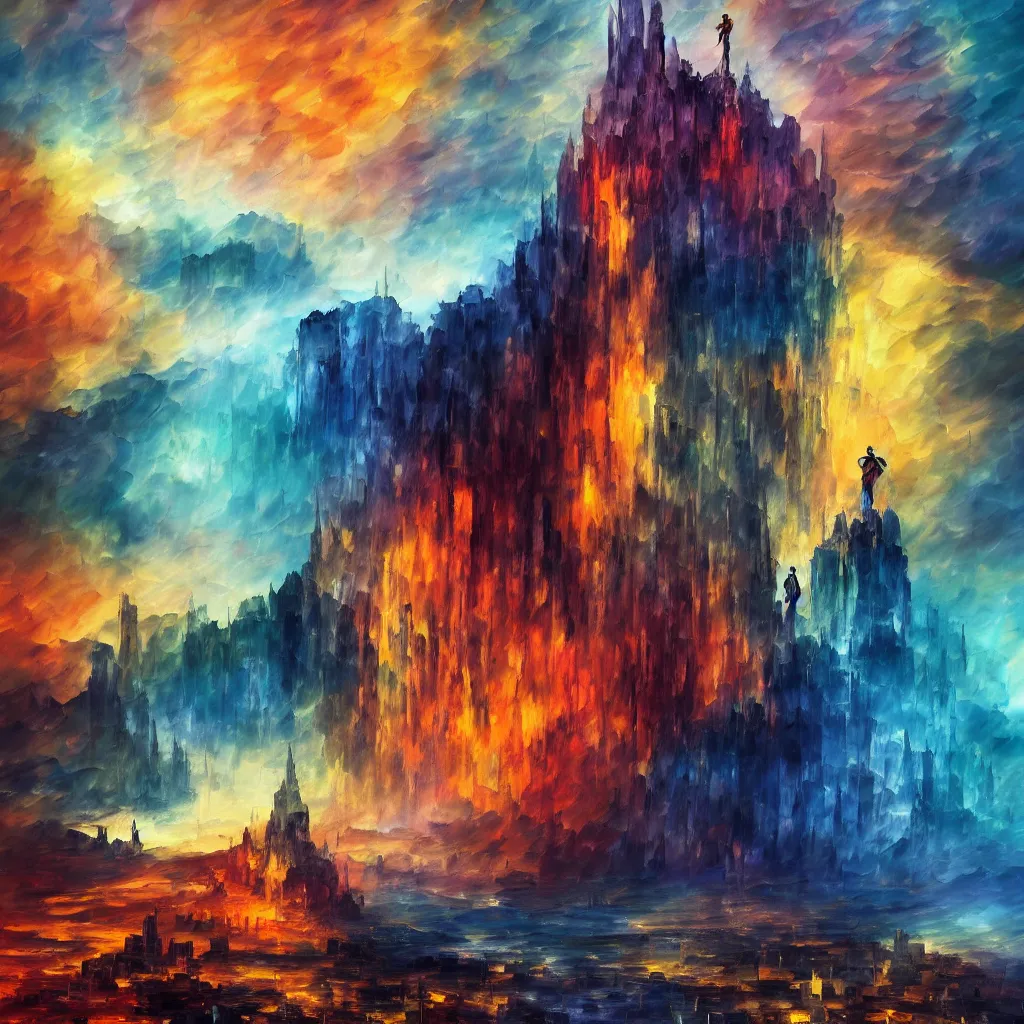 Prompt: the crowned king!!! looking mad with anger in his eyes, looking down on the city of blood and prisms from above the mountain, night skies, dramatic light, hyperrealistic, colorful skies, digital art, studio portrait absurdly beautiful, elegant, graceful, alena aenami, leonid afremov, wayne barlowe