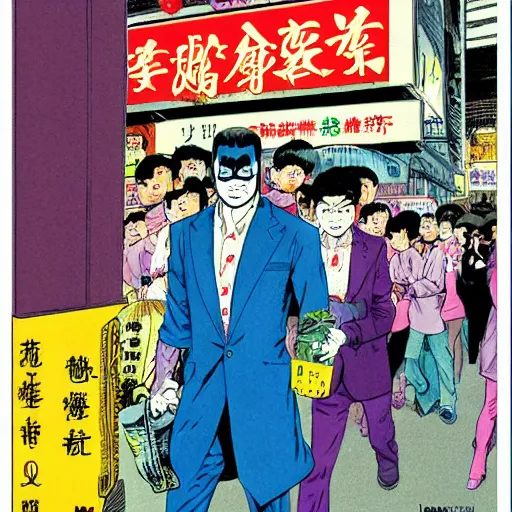 Prompt: glossy old advertising poster, batman walking through crowded hong kong street, vendors, joker!!!, drawn comic by junji ito, pastels, gradient