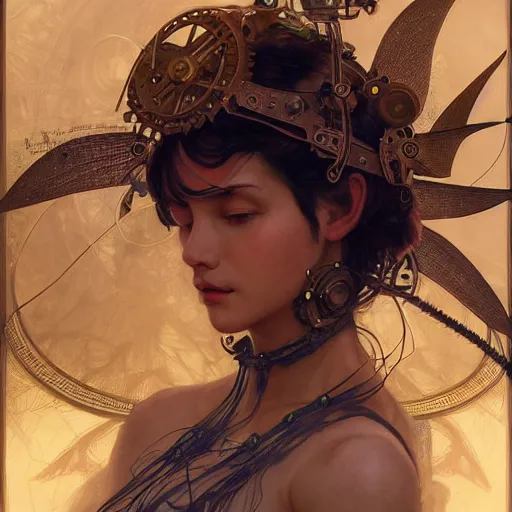 Image similar to portrait of a fairy with mechanical wings, wires and gears and machine, intricate, headshot, highly detailed, digital painting, artstation, concept art, sharp focus, cinematic lighting, illustration, art by artgerm and greg rutkowski, alphonse mucha, cgsociety