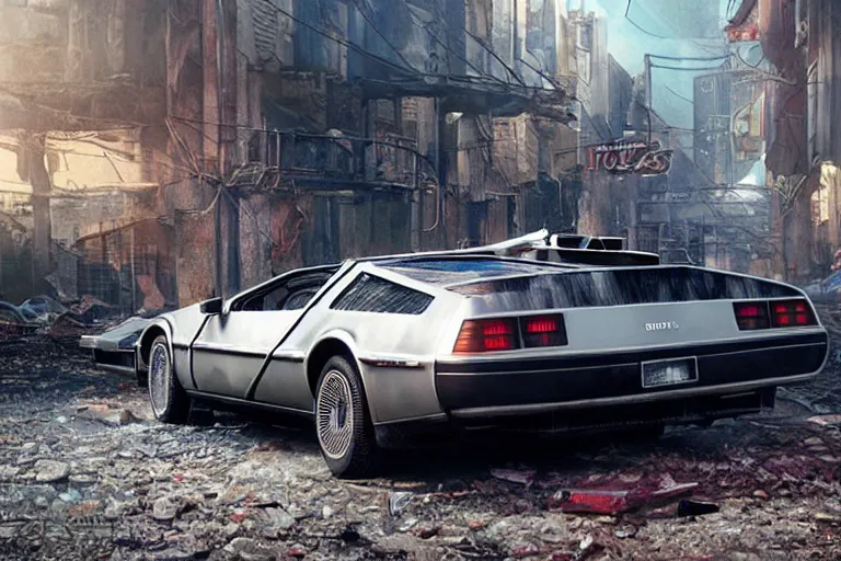 Image similar to highly detailed photorealistic rendering of the delorean from back to the future parked on the streets of a cyberpunk abandoned city, futuristic post - apocalyptic vibe, by greg rutkowski and stanley artgerm and alphonse mucha, octane, sharp focus, hyperrealistic, unreal engine 5, vray, masterpiece