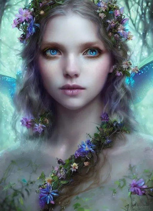 Image similar to portrait of a gorgeous fairy princess of the forest, perfect blue eyes, detailed iridescent floral pattern skin, 8k render, ultra realistic, cinematic lighting, artstation, artgerm, Seb McKinnon
