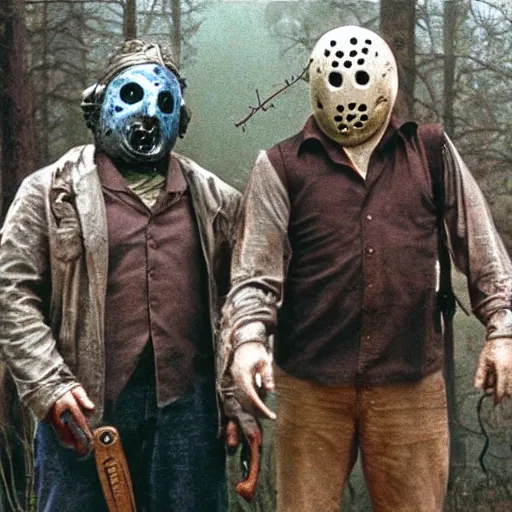 Image similar to Leatherface and Jason voorhees in a Wes Anderson style horror movie