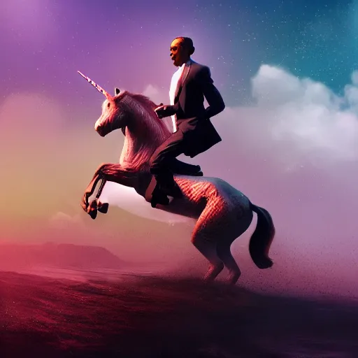 Image similar to obama riding on a unicorn, au naturel, hyper detailed, digital art, trending in artstation, cinematic lighting, studio quality, smooth render, unreal engine, octane rendered, art style,