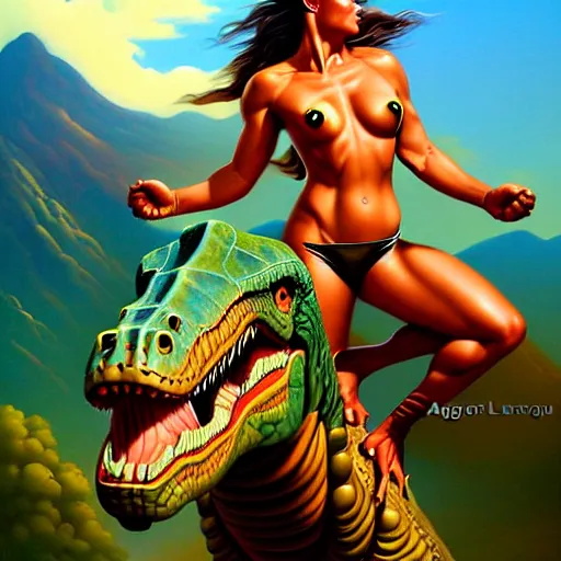 Prompt: portrait of an amazon girl riding a dinosaur, painted by stanley artgerm, volcanic landscape in the background by boris vallejo, fantasy art, sleek curves, sharp focus, trending on artstation hq, deviantart