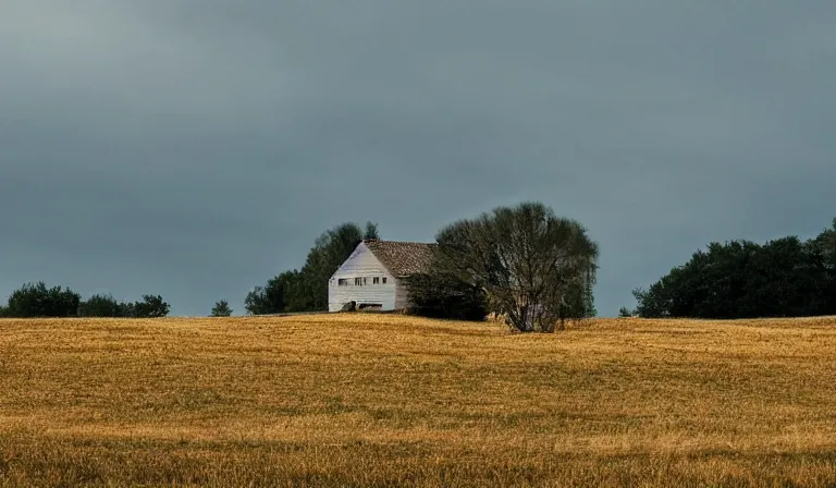 Image similar to A serene landscape with a singular building in the style of shallow depth of field, smooth bokeh