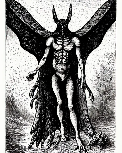 Image similar to illustration of mothman as a demon from the dictionarre infernal, etching by louis le breton, 1 8 6 9, 1 2 0 0 dpi scan, ultrasharp detail, clean scan